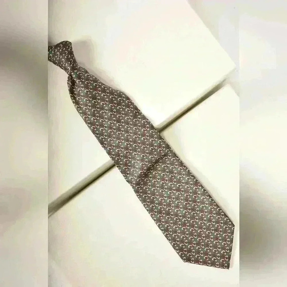 1980s FENDI Green Red Chain Motif Geometric 100% Silk  Tie 3.5" Made in Italy - Picture 2 of 6